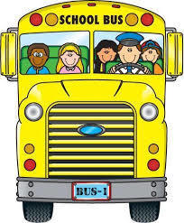 Clip art of a yellow school bus full of smiling students advertising MSAD #49's 2023-2024 bus routes